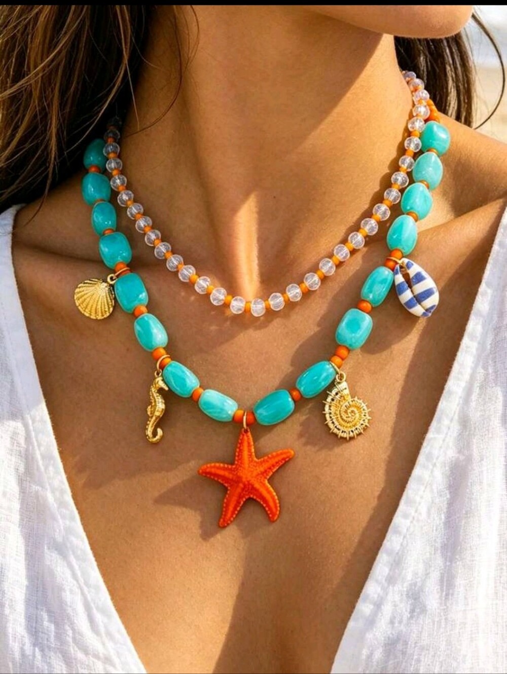 BRAND NEW ** Turquoise & Orange Beach Charm Necklace Set
